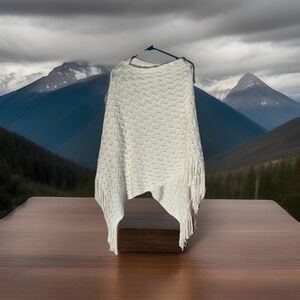 Women's One Size Sparkle Fringe Knit Light Poncho Sweater Sequined Off White